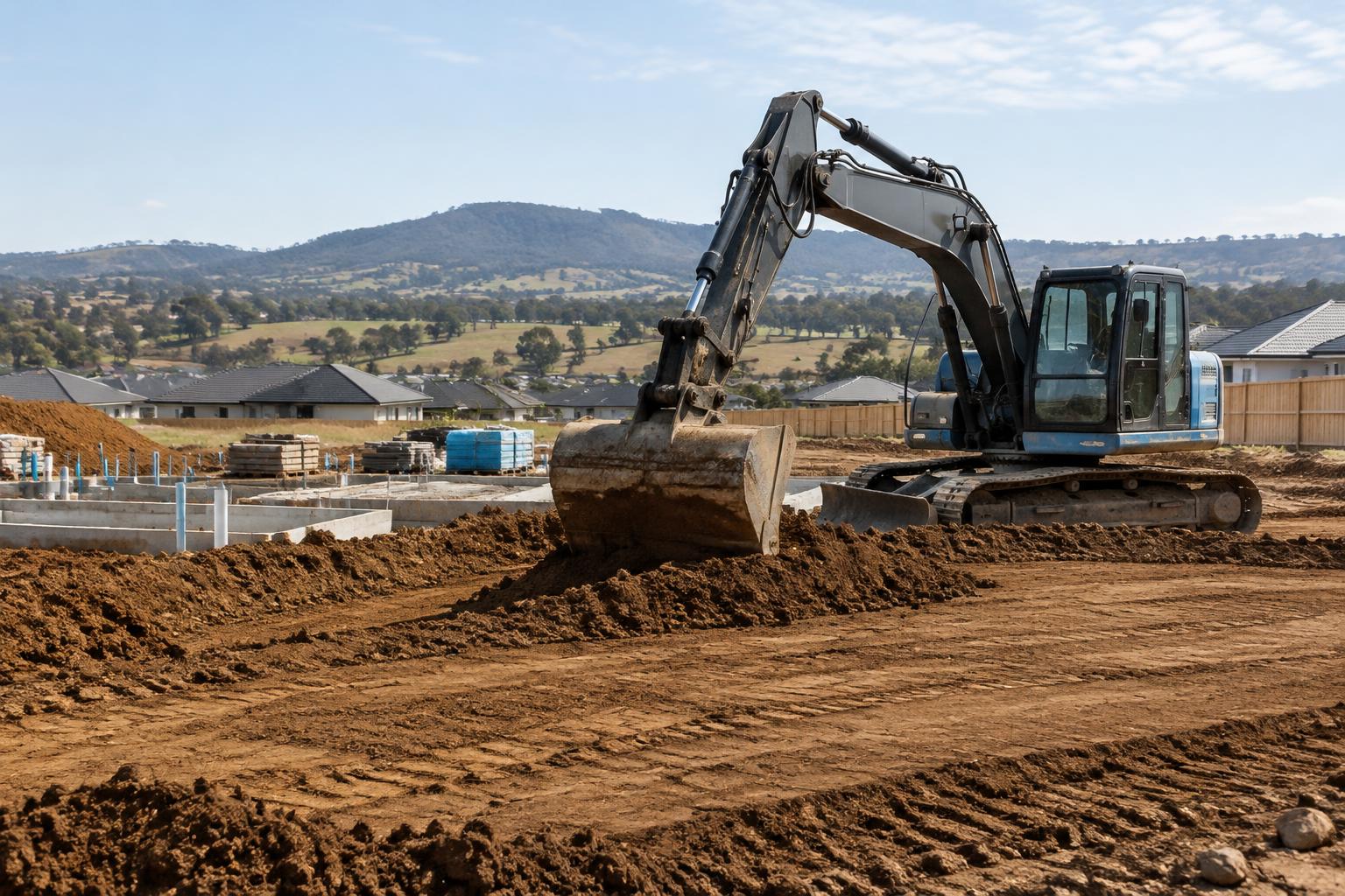 Excavator preparing a residential construction site