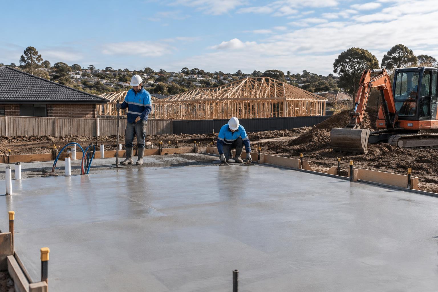 Concrete slab being carefully finished at a residential construction site