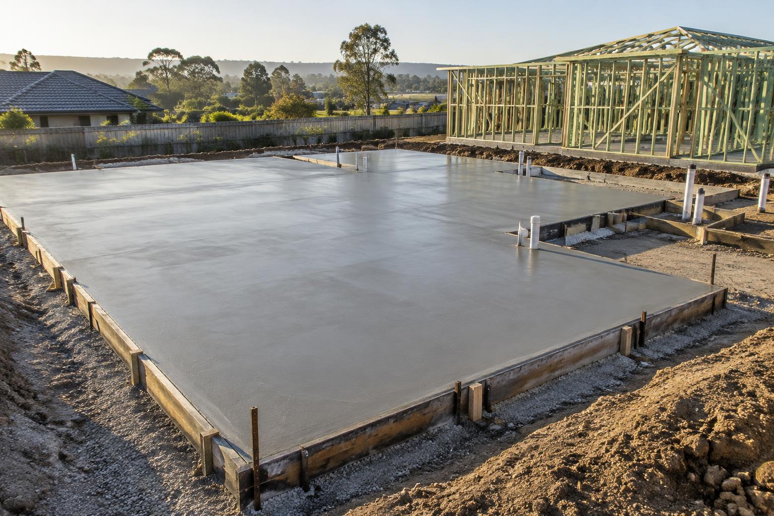 Fresh concrete slab prepared for a residential build